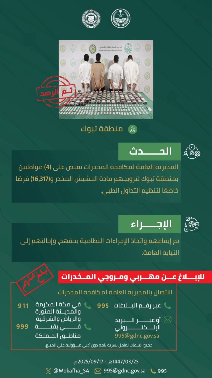 القبض على 4 أشخاص بتبوك لترويجهم الحشيش و16,317 قرصًا مخدرًا 1 1 3779