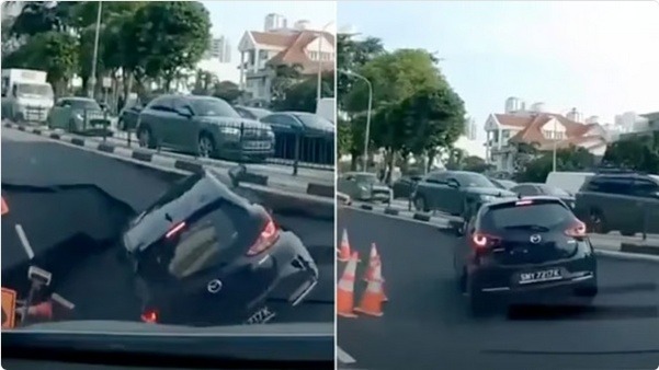 شاهد..حادث مروع في سنغافورة: حفرة مائية تبتلع سيارة وإصابة امرأة 1 2 268