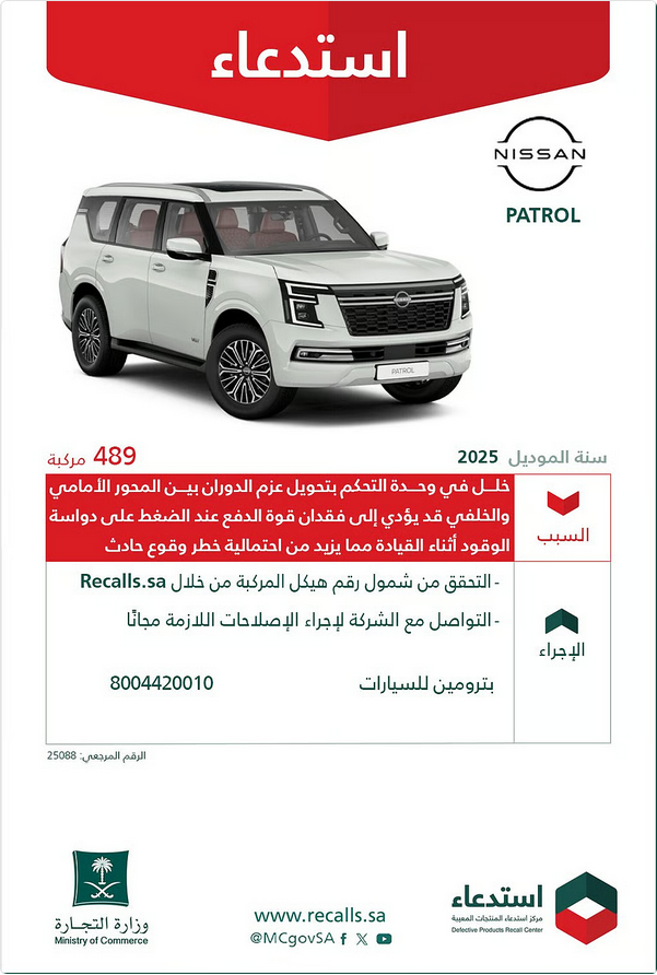 لخلل في وحدة التحكم..."التجارة": استدعاء (489) مركبة "نيسان باترول" 1 2 276