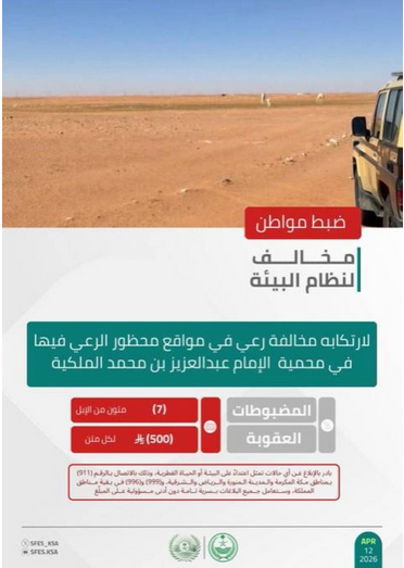 "الأمن البيئي" يضبط مواطنًا لارتكابه مخالفة رعي في محمية الإمام عبدالعزيز بن محمد الملكية 1 46
