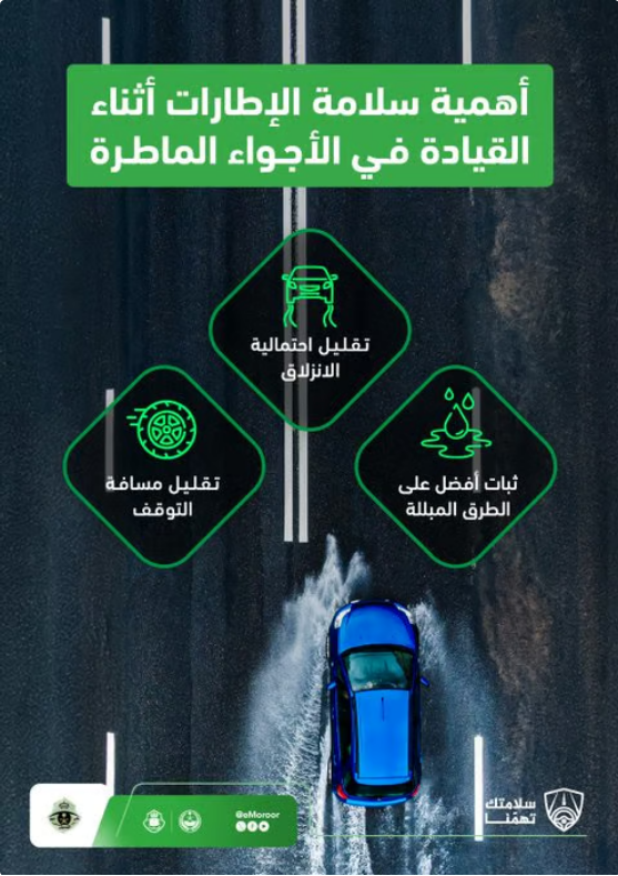 المرور يحذّر: الإطارات السليمة تقلل الانزلاق في الأمطار وتحمي الأرواح 1 555 122