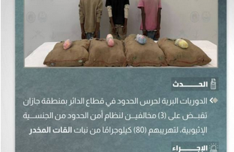 إحباط تهريب 80 كيلوجرامًا من القات والقبض على 3 مخالفين في جازانإحباط تهريب 80 كيلوجرامًا من القات والقبض على 3 مخالفين في جازان 4 7 4 2