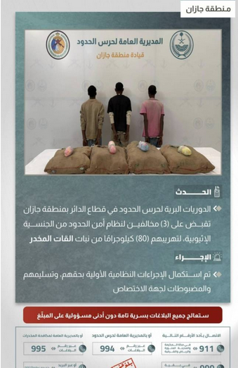 إحباط تهريب 80 كيلوجرامًا من القات والقبض على 3 مخالفين في جازانإحباط تهريب 80 كيلوجرامًا من القات والقبض على 3 مخالفين في جازان 1 7 4 2