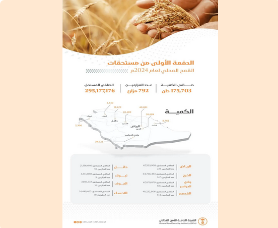 "الأمن الغذائي" يصرف (295) مليون ريال مستحقات الدفعة الأولى لمزارعي القمح المحلي 1 99 75